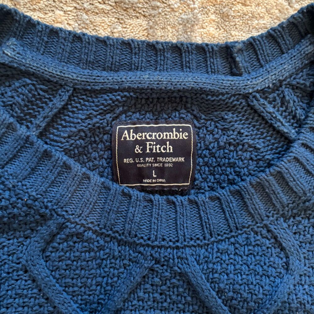 Abercrombie & Fitch Cable Knit Crewneck Sweater Mens Large Blue Chunky Pullover - Picture 4 of 6
